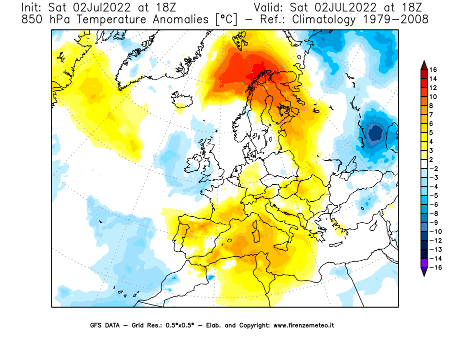 GFS analysi map - Temperature Anomalies [°C] at 850 hPa in Europe
									on 02/07/2022 18 <!--googleoff: index-->UTC<!--googleon: index-->