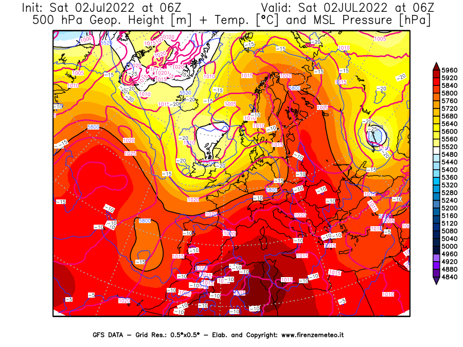 GFS analysi map - Geopotential [m] + Temp. [°C] at 500 hPa + Sea Level Pressure [hPa] in Europe
									on 02/07/2022 06 <!--googleoff: index-->UTC<!--googleon: index-->