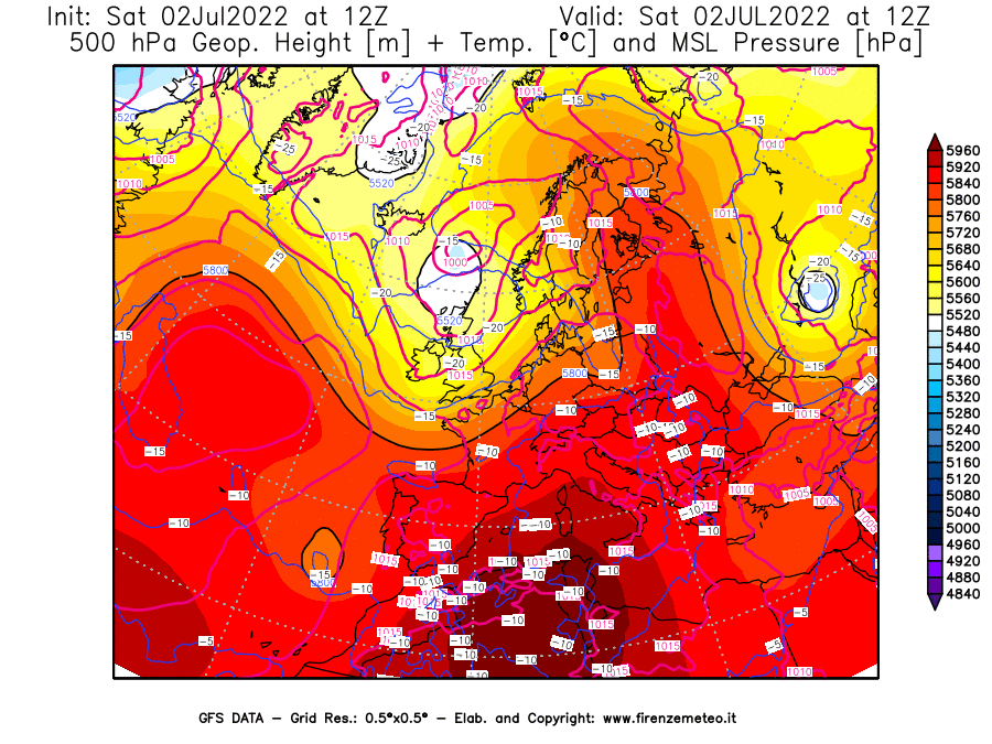 GFS analysi map - Geopotential [m] + Temp. [°C] at 500 hPa + Sea Level Pressure [hPa] in Europe
									on 02/07/2022 12 <!--googleoff: index-->UTC<!--googleon: index-->