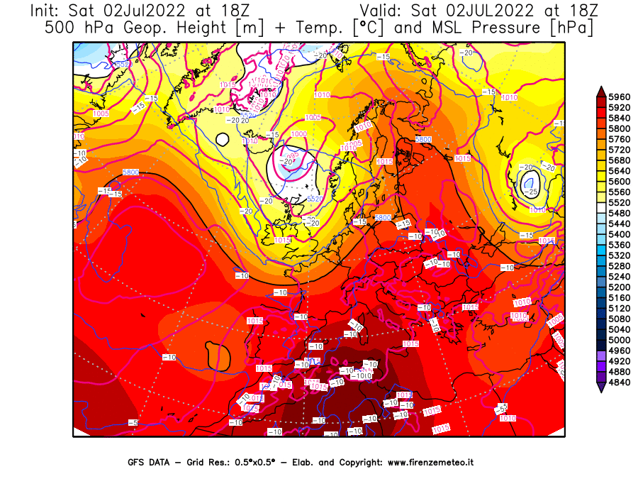 GFS analysi map - Geopotential [m] + Temp. [°C] at 500 hPa + Sea Level Pressure [hPa] in Europe
									on 02/07/2022 18 <!--googleoff: index-->UTC<!--googleon: index-->