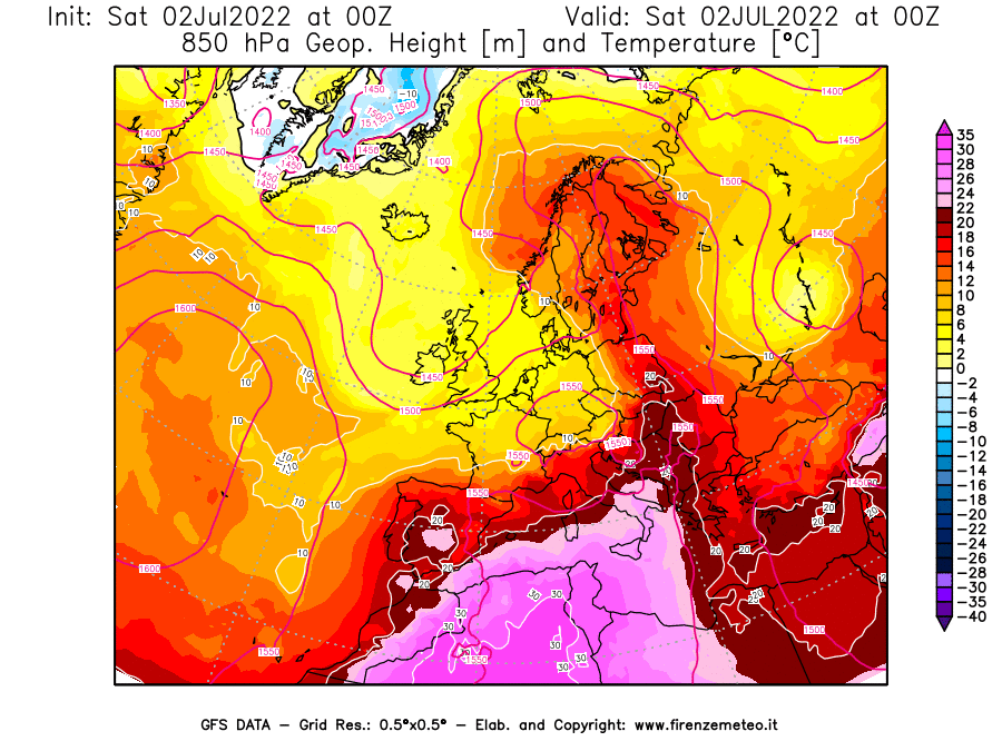 GFS analysi map - Geopotential [m] and Temperature [°C] at 850 hPa in Europe
									on 02/07/2022 00 <!--googleoff: index-->UTC<!--googleon: index-->