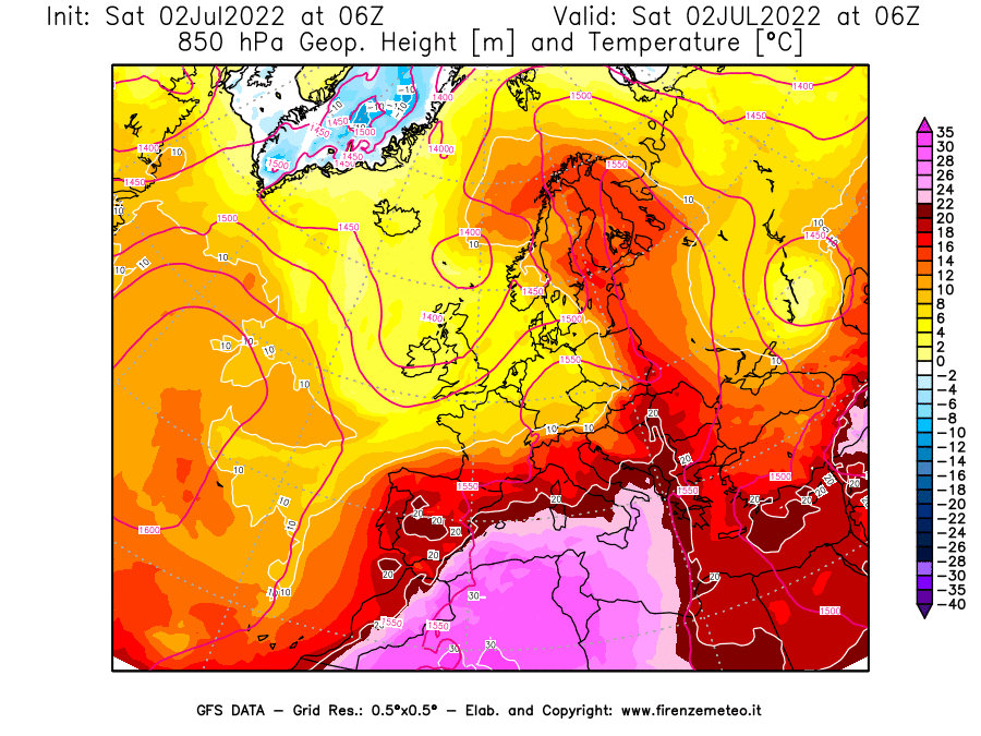 GFS analysi map - Geopotential [m] and Temperature [°C] at 850 hPa in Europe
									on 02/07/2022 06 <!--googleoff: index-->UTC<!--googleon: index-->