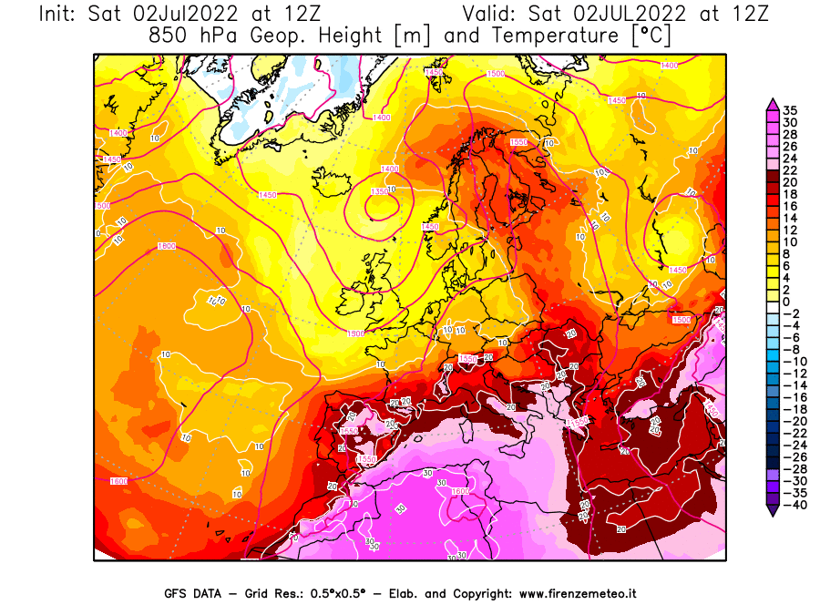 GFS analysi map - Geopotential [m] and Temperature [°C] at 850 hPa in Europe
									on 02/07/2022 12 <!--googleoff: index-->UTC<!--googleon: index-->