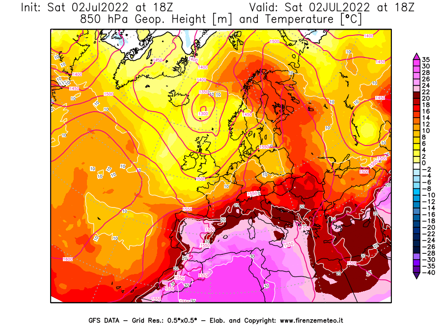 GFS analysi map - Geopotential [m] and Temperature [°C] at 850 hPa in Europe
									on 02/07/2022 18 <!--googleoff: index-->UTC<!--googleon: index-->