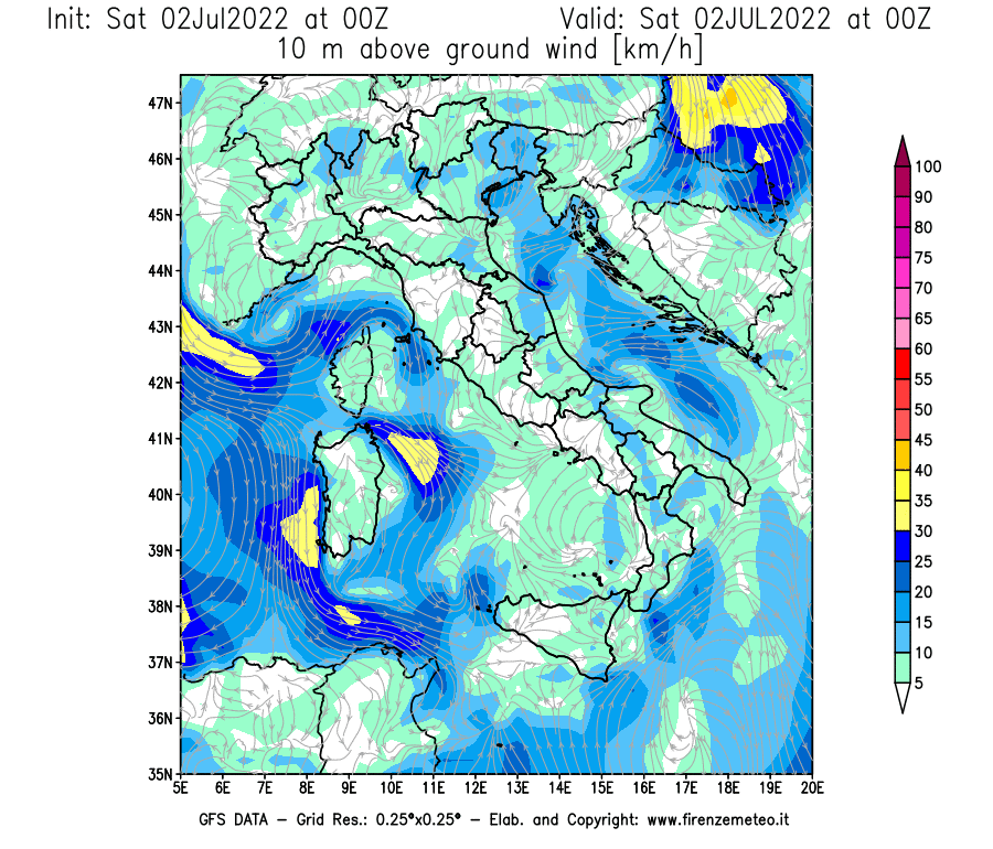 GFS analysi map - Wind Speed at 10 m above ground [km/h] in Italy
									on 02/07/2022 00 <!--googleoff: index-->UTC<!--googleon: index-->