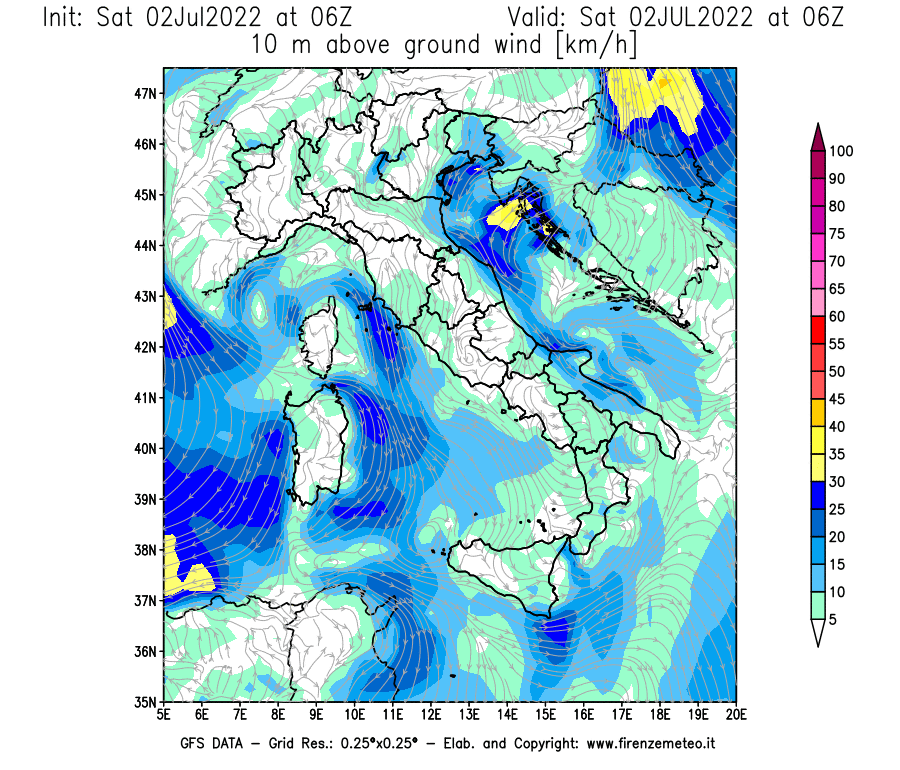 GFS analysi map - Wind Speed at 10 m above ground [km/h] in Italy
									on 02/07/2022 06 <!--googleoff: index-->UTC<!--googleon: index-->