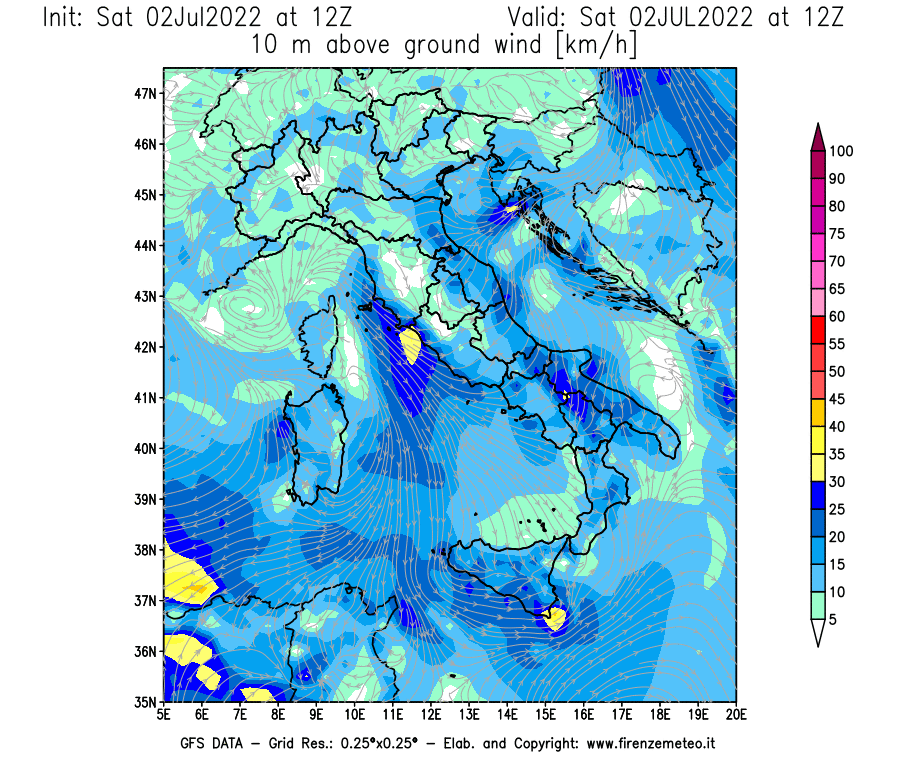 GFS analysi map - Wind Speed at 10 m above ground [km/h] in Italy
									on 02/07/2022 12 <!--googleoff: index-->UTC<!--googleon: index-->