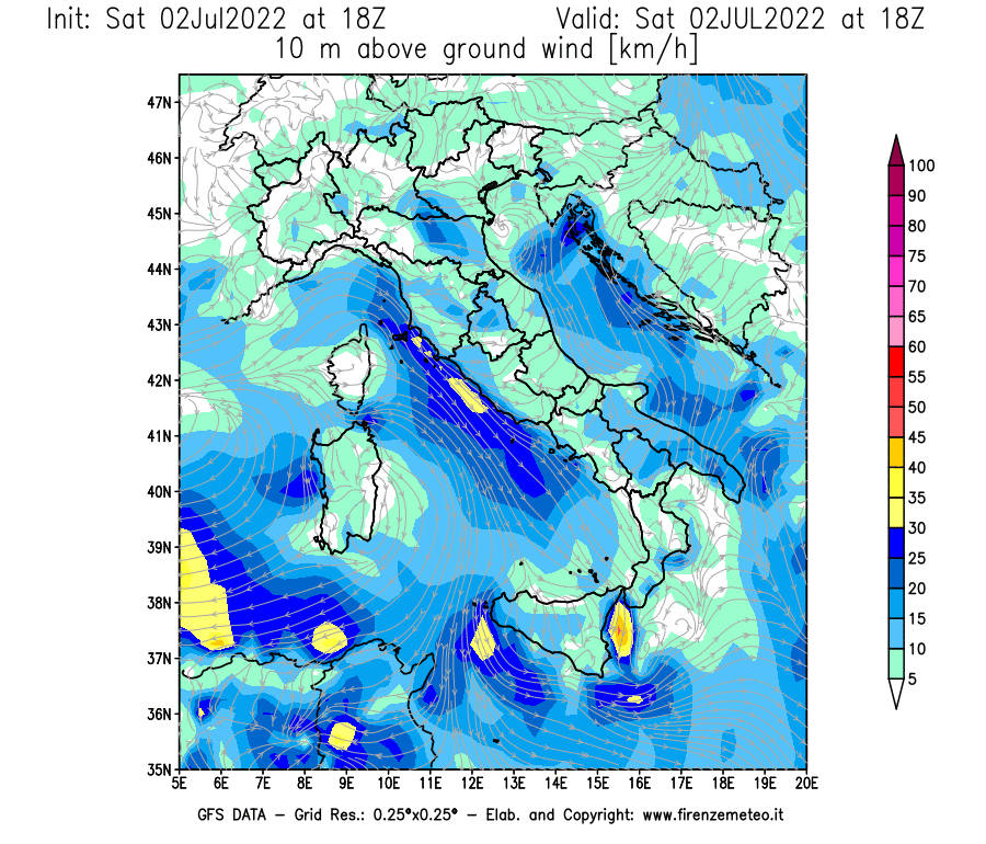GFS analysi map - Wind Speed at 10 m above ground [km/h] in Italy
									on 02/07/2022 18 <!--googleoff: index-->UTC<!--googleon: index-->