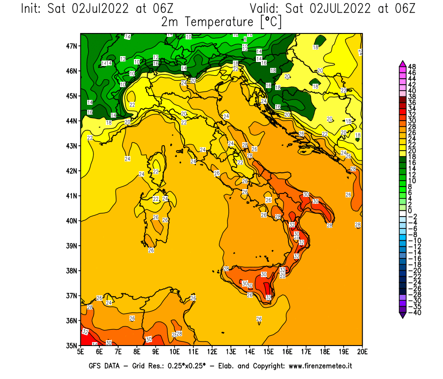 GFS analysi map - Temperature at 2 m above ground [°C] in Italy
									on 02/07/2022 06 <!--googleoff: index-->UTC<!--googleon: index-->