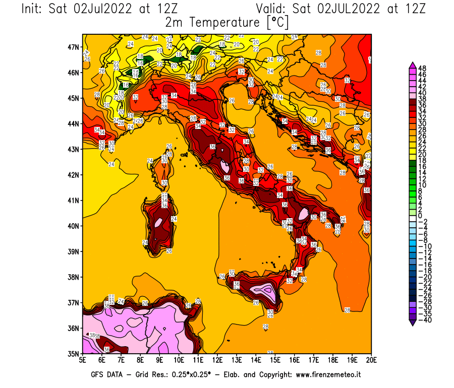 GFS analysi map - Temperature at 2 m above ground [°C] in Italy
									on 02/07/2022 12 <!--googleoff: index-->UTC<!--googleon: index-->