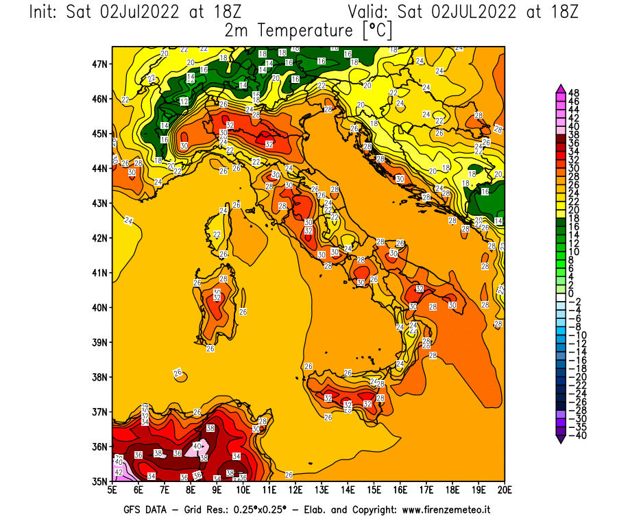 GFS analysi map - Temperature at 2 m above ground [°C] in Italy
									on 02/07/2022 18 <!--googleoff: index-->UTC<!--googleon: index-->