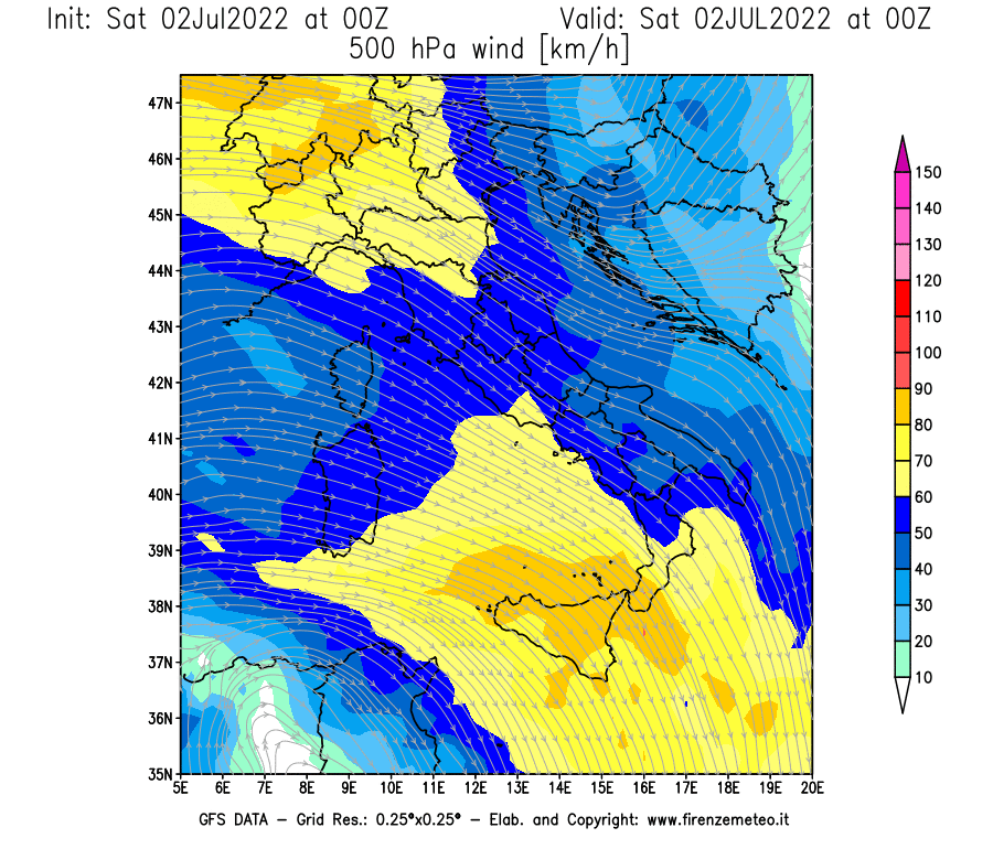 GFS analysi map - Wind Speed at 500 hPa [km/h] in Italy
									on 02/07/2022 00 <!--googleoff: index-->UTC<!--googleon: index-->