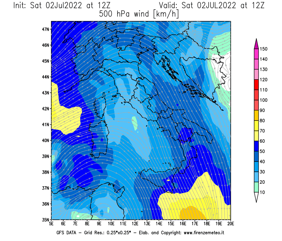 GFS analysi map - Wind Speed at 500 hPa [km/h] in Italy
									on 02/07/2022 12 <!--googleoff: index-->UTC<!--googleon: index-->