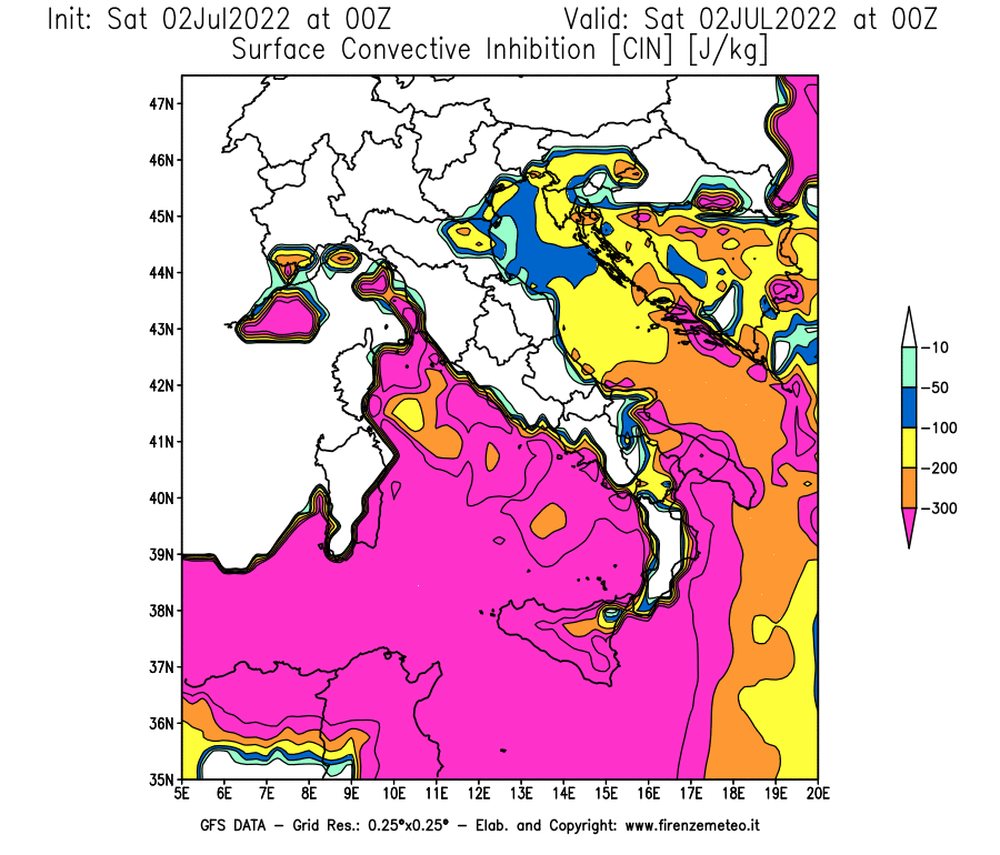 GFS analysi map - CIN [J/kg] in Italy
									on 02/07/2022 00 <!--googleoff: index-->UTC<!--googleon: index-->
