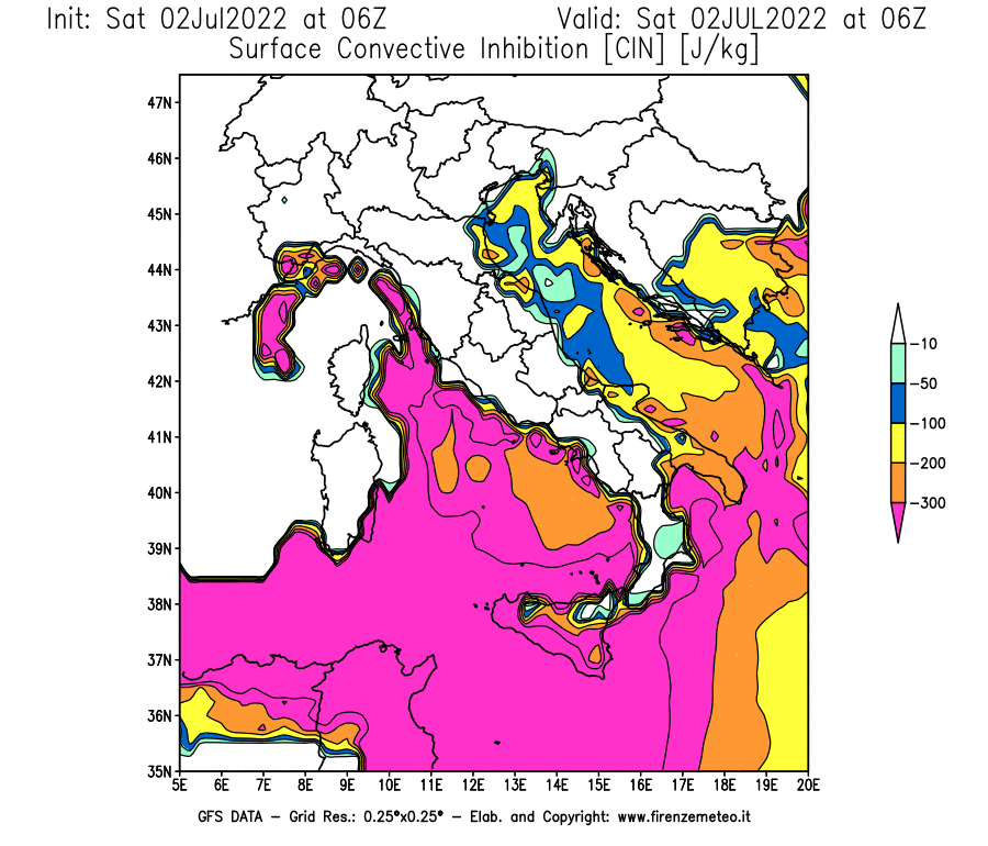 GFS analysi map - CIN [J/kg] in Italy
									on 02/07/2022 06 <!--googleoff: index-->UTC<!--googleon: index-->