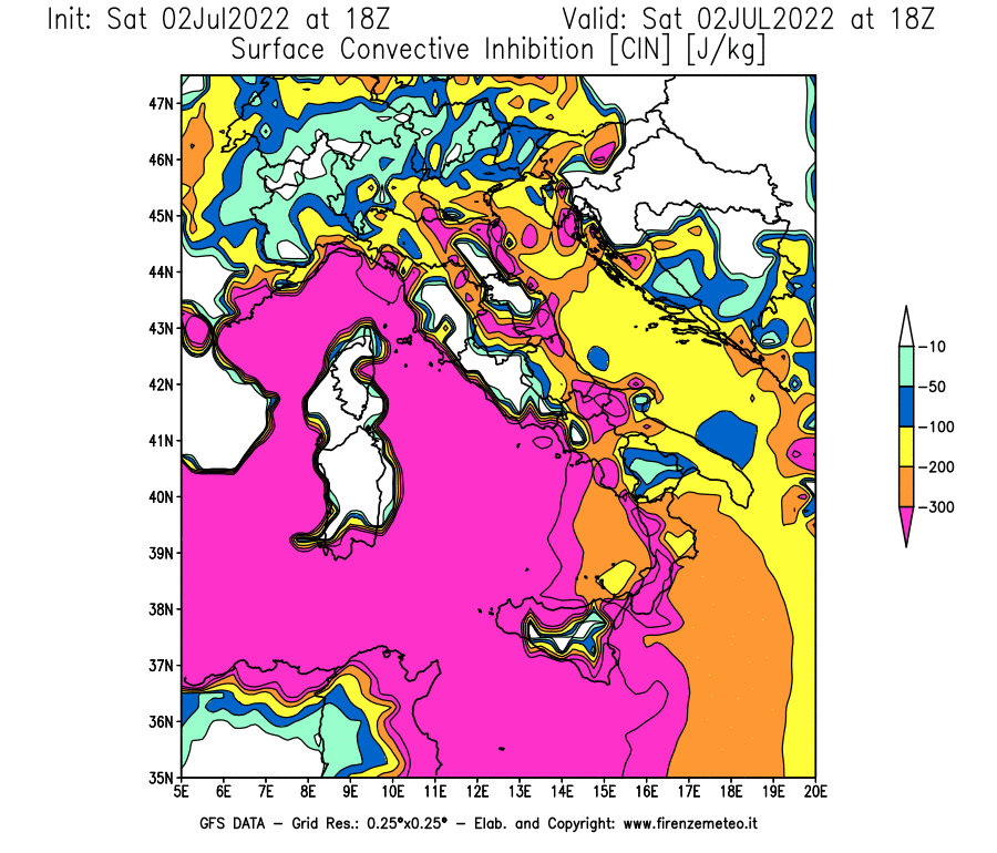 GFS analysi map - CIN [J/kg] in Italy
									on 02/07/2022 18 <!--googleoff: index-->UTC<!--googleon: index-->
