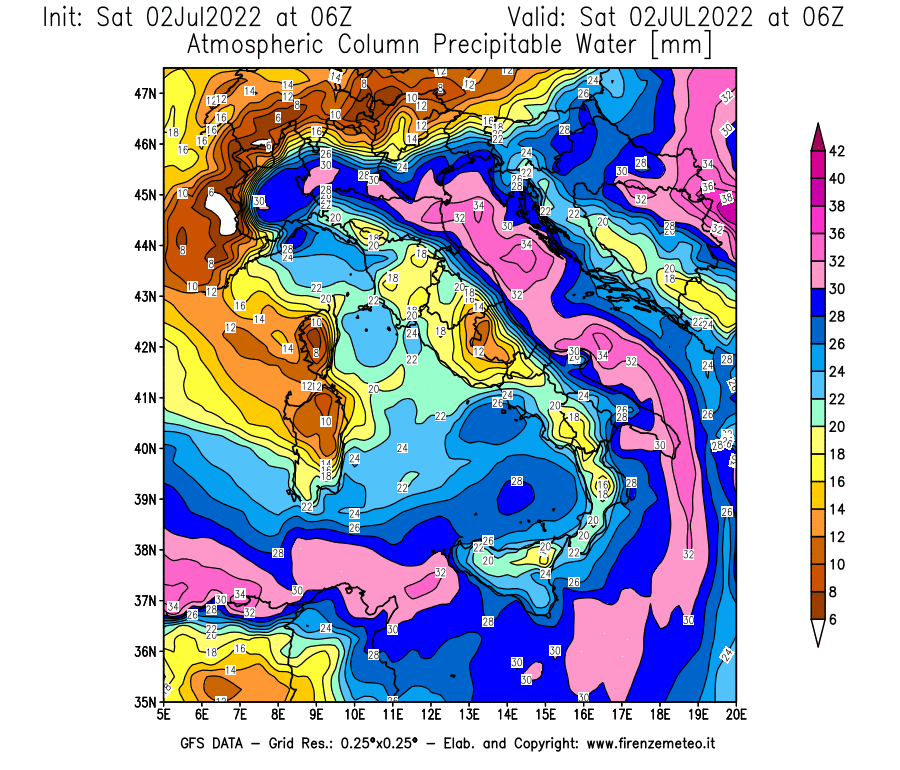 GFS analysi map - Precipitable Water [mm] in Italy
									on 02/07/2022 06 <!--googleoff: index-->UTC<!--googleon: index-->