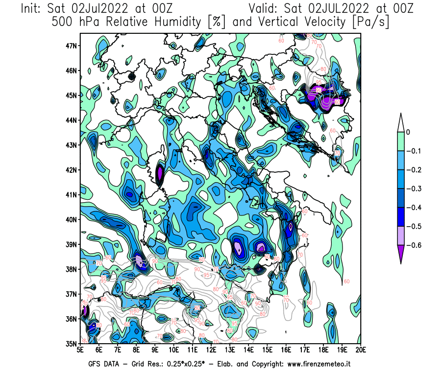 GFS analysi map - Relative Umidity [%] and Omega [Pa/s] at 500 hPa in Italy
									on 02/07/2022 00 <!--googleoff: index-->UTC<!--googleon: index-->