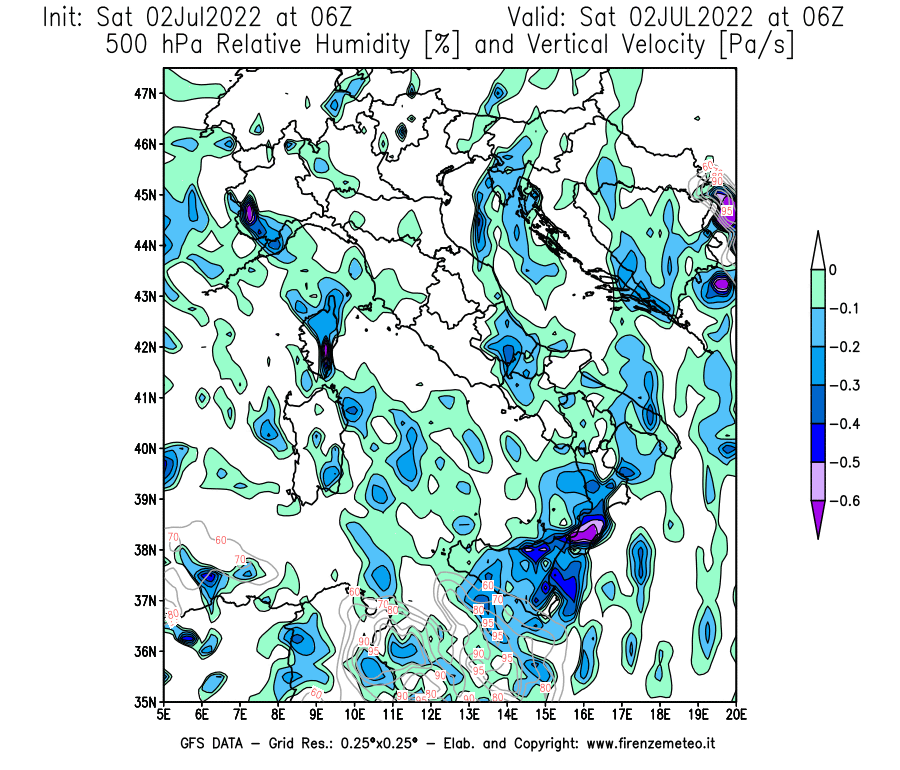 GFS analysi map - Relative Umidity [%] and Omega [Pa/s] at 500 hPa in Italy
									on 02/07/2022 06 <!--googleoff: index-->UTC<!--googleon: index-->