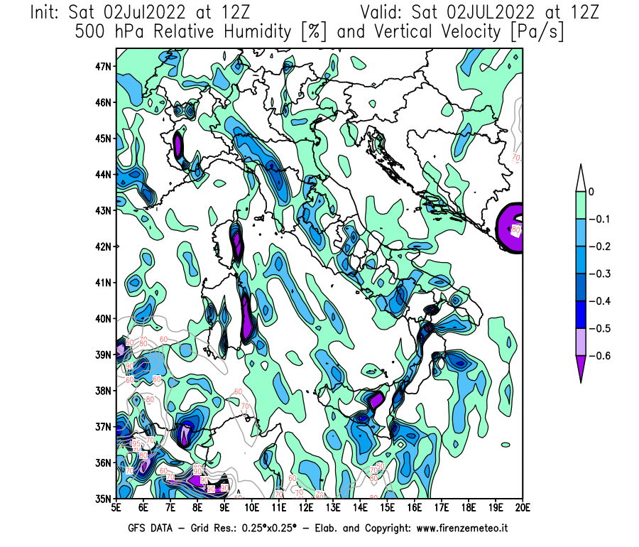GFS analysi map - Relative Umidity [%] and Omega [Pa/s] at 500 hPa in Italy
									on 02/07/2022 12 <!--googleoff: index-->UTC<!--googleon: index-->