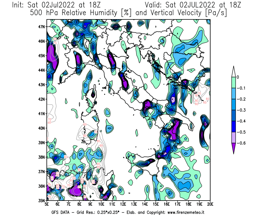 GFS analysi map - Relative Umidity [%] and Omega [Pa/s] at 500 hPa in Italy
									on 02/07/2022 18 <!--googleoff: index-->UTC<!--googleon: index-->