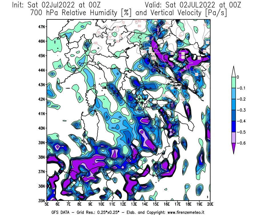 GFS analysi map - Relative Umidity [%] and Omega [Pa/s] at 700 hPa in Italy
									on 02/07/2022 00 <!--googleoff: index-->UTC<!--googleon: index-->