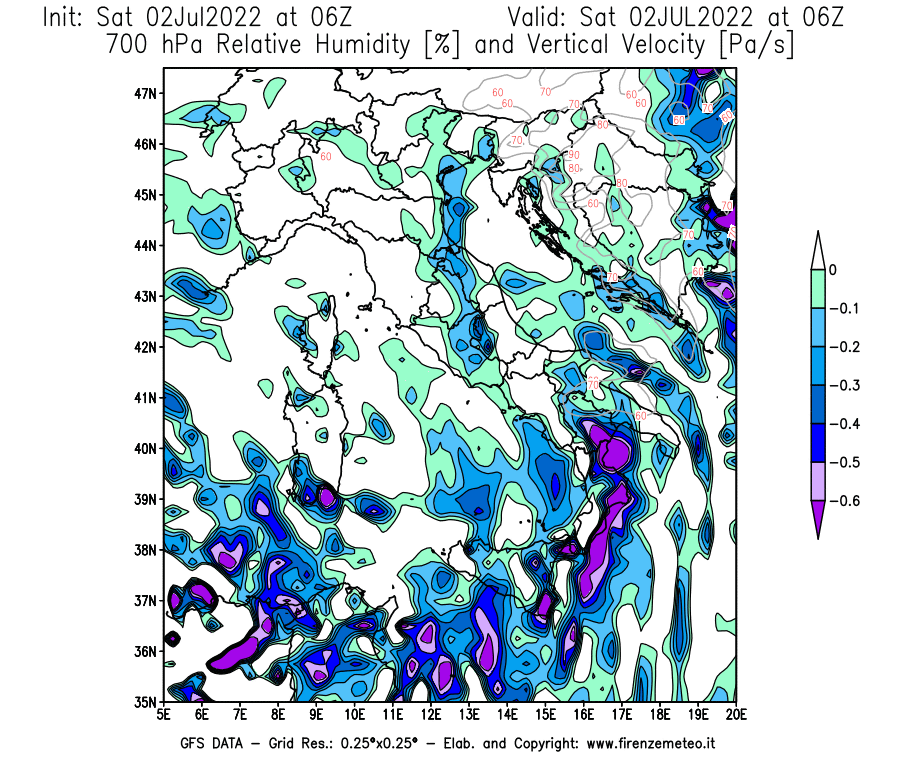GFS analysi map - Relative Umidity [%] and Omega [Pa/s] at 700 hPa in Italy
									on 02/07/2022 06 <!--googleoff: index-->UTC<!--googleon: index-->