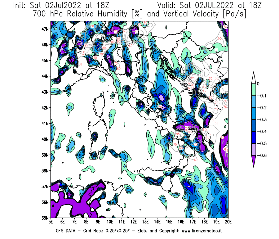 GFS analysi map - Relative Umidity [%] and Omega [Pa/s] at 700 hPa in Italy
									on 02/07/2022 18 <!--googleoff: index-->UTC<!--googleon: index-->
