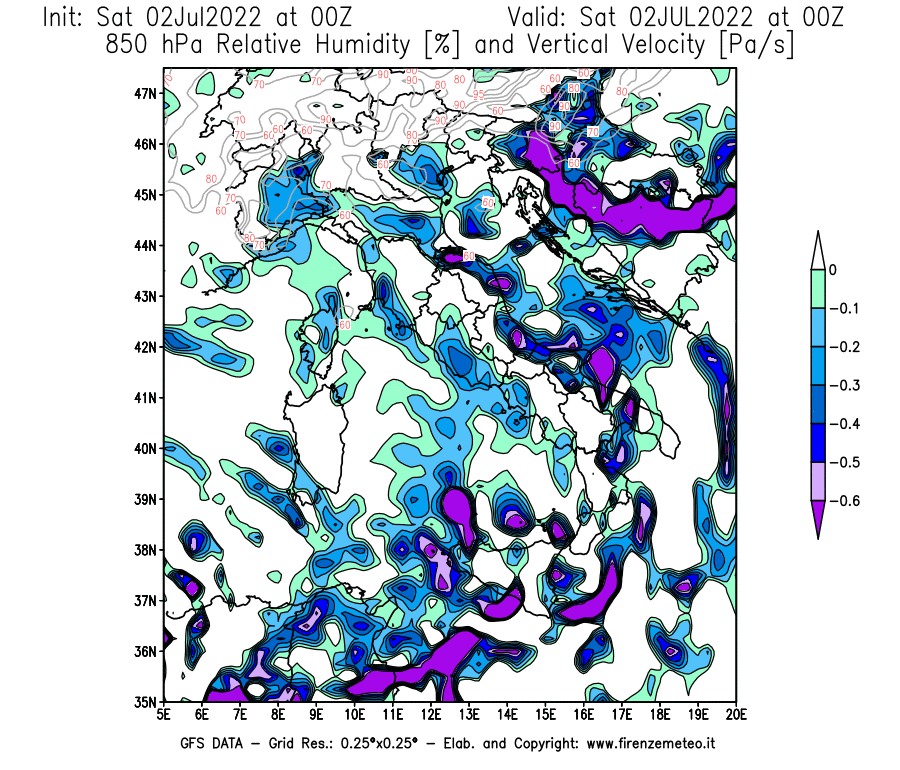 GFS analysi map - Relative Umidity [%] and Omega [Pa/s] at 850 hPa in Italy
									on 02/07/2022 00 <!--googleoff: index-->UTC<!--googleon: index-->