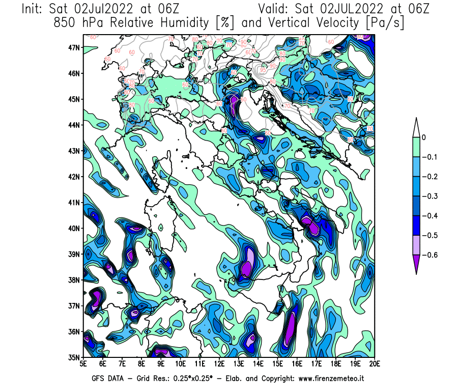 GFS analysi map - Relative Umidity [%] and Omega [Pa/s] at 850 hPa in Italy
									on 02/07/2022 06 <!--googleoff: index-->UTC<!--googleon: index-->
