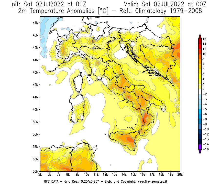 GFS analysi map - Temperature Anomalies [°C] at 2 m in Italy
									on 02/07/2022 00 <!--googleoff: index-->UTC<!--googleon: index-->