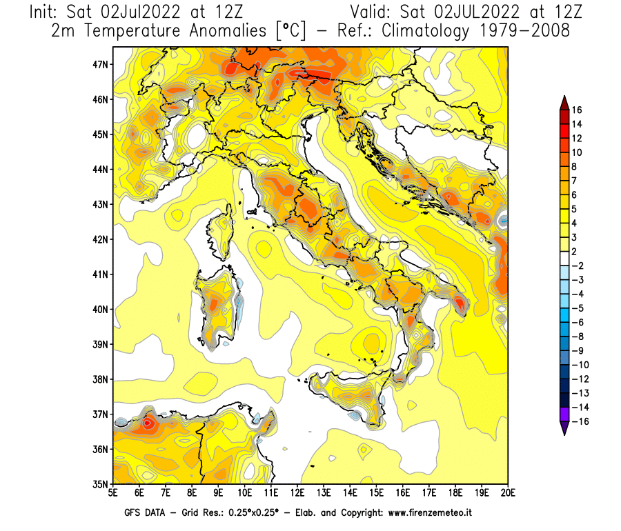 GFS analysi map - Temperature Anomalies [°C] at 2 m in Italy
									on 02/07/2022 12 <!--googleoff: index-->UTC<!--googleon: index-->