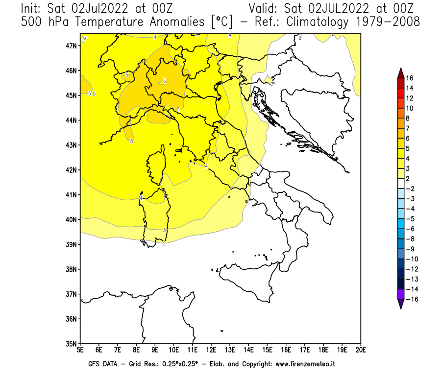 GFS analysi map - Temperature Anomalies [°C] at 500 hPa in Italy
									on 02/07/2022 00 <!--googleoff: index-->UTC<!--googleon: index-->
