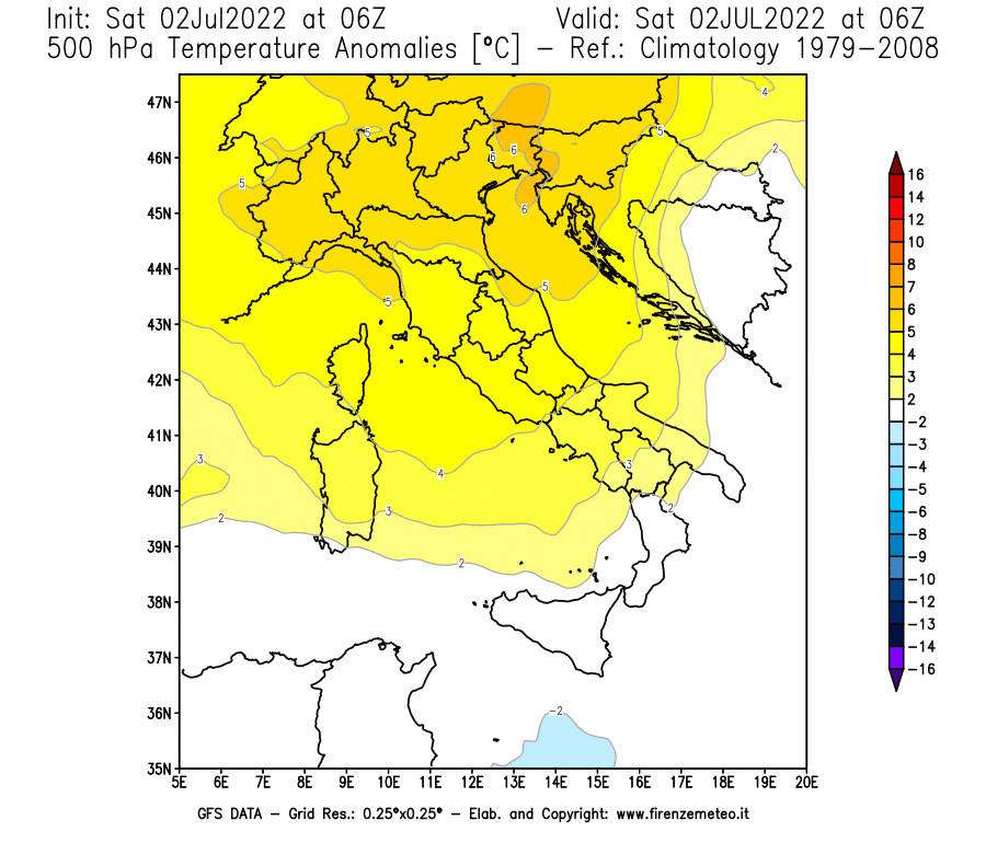 GFS analysi map - Temperature Anomalies [°C] at 500 hPa in Italy
									on 02/07/2022 06 <!--googleoff: index-->UTC<!--googleon: index-->