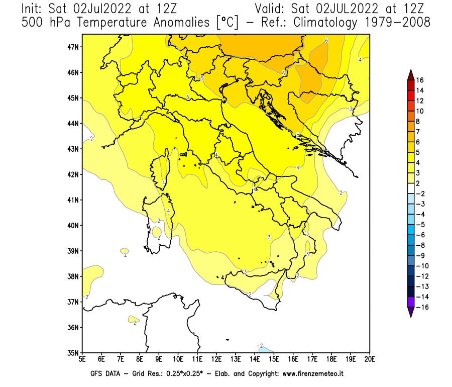 GFS analysi map - Temperature Anomalies [°C] at 500 hPa in Italy
									on 02/07/2022 12 <!--googleoff: index-->UTC<!--googleon: index-->