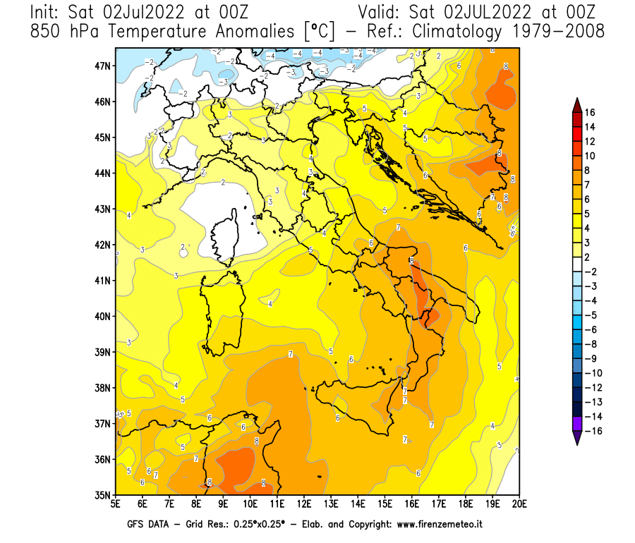 GFS analysi map - Temperature Anomalies [°C] at 850 hPa in Italy
									on 02/07/2022 00 <!--googleoff: index-->UTC<!--googleon: index-->