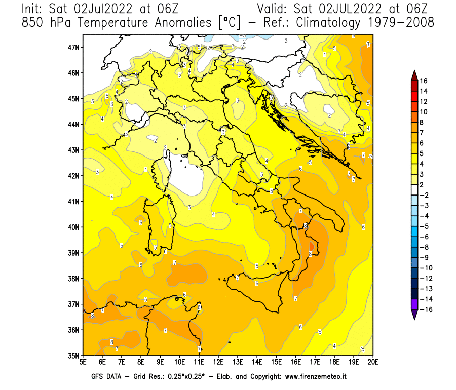 GFS analysi map - Temperature Anomalies [°C] at 850 hPa in Italy
									on 02/07/2022 06 <!--googleoff: index-->UTC<!--googleon: index-->