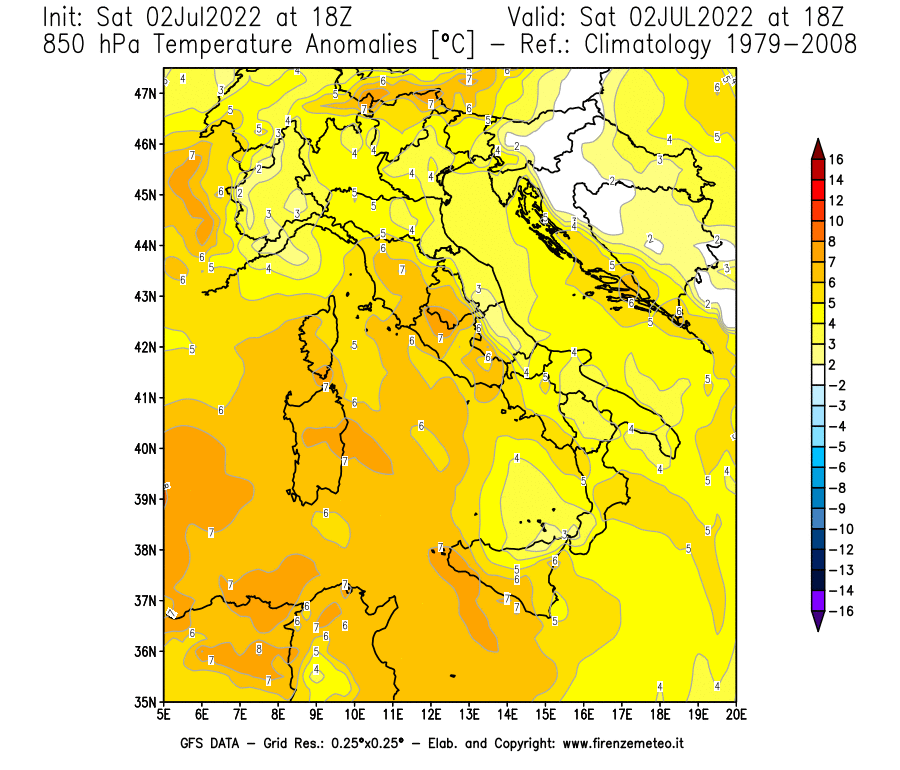 GFS analysi map - Temperature Anomalies [°C] at 850 hPa in Italy
									on 02/07/2022 18 <!--googleoff: index-->UTC<!--googleon: index-->