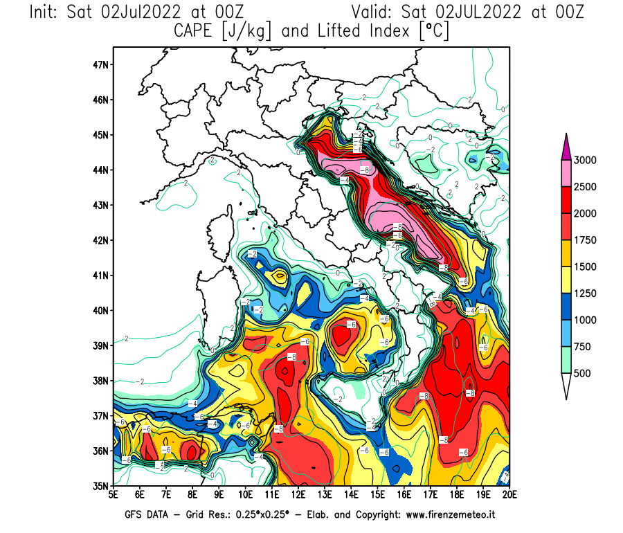 GFS analysi map - CAPE [J/kg] and Lifted Index [°C] in Italy
									on 02/07/2022 00 <!--googleoff: index-->UTC<!--googleon: index-->