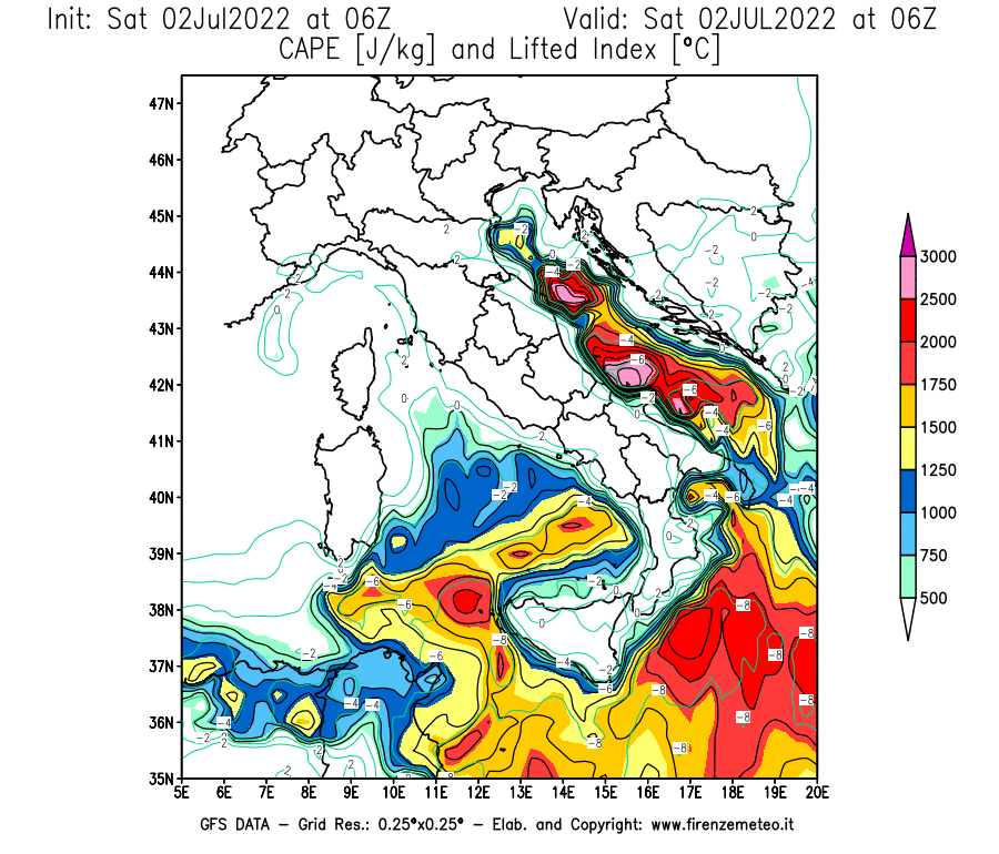 GFS analysi map - CAPE [J/kg] and Lifted Index [°C] in Italy
									on 02/07/2022 06 <!--googleoff: index-->UTC<!--googleon: index-->