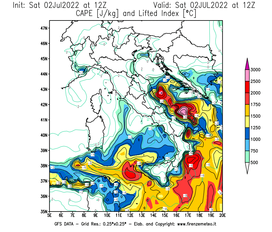 GFS analysi map - CAPE [J/kg] and Lifted Index [°C] in Italy
									on 02/07/2022 12 <!--googleoff: index-->UTC<!--googleon: index-->