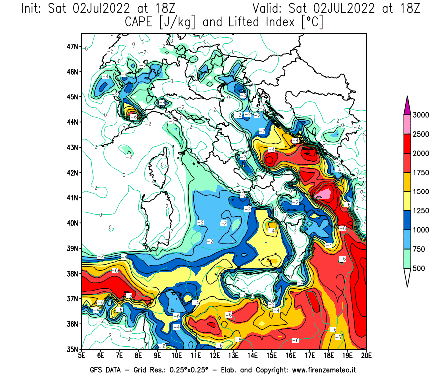 GFS analysi map - CAPE [J/kg] and Lifted Index [°C] in Italy
									on 02/07/2022 18 <!--googleoff: index-->UTC<!--googleon: index-->