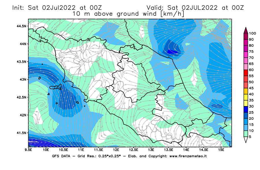 GFS analysi map - Wind Speed at 10 m above ground [km/h] in Central Italy
									on 02/07/2022 00 <!--googleoff: index-->UTC<!--googleon: index-->