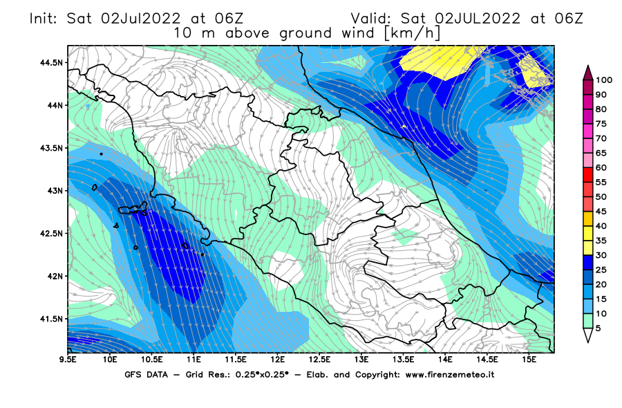 GFS analysi map - Wind Speed at 10 m above ground [km/h] in Central Italy
									on 02/07/2022 06 <!--googleoff: index-->UTC<!--googleon: index-->