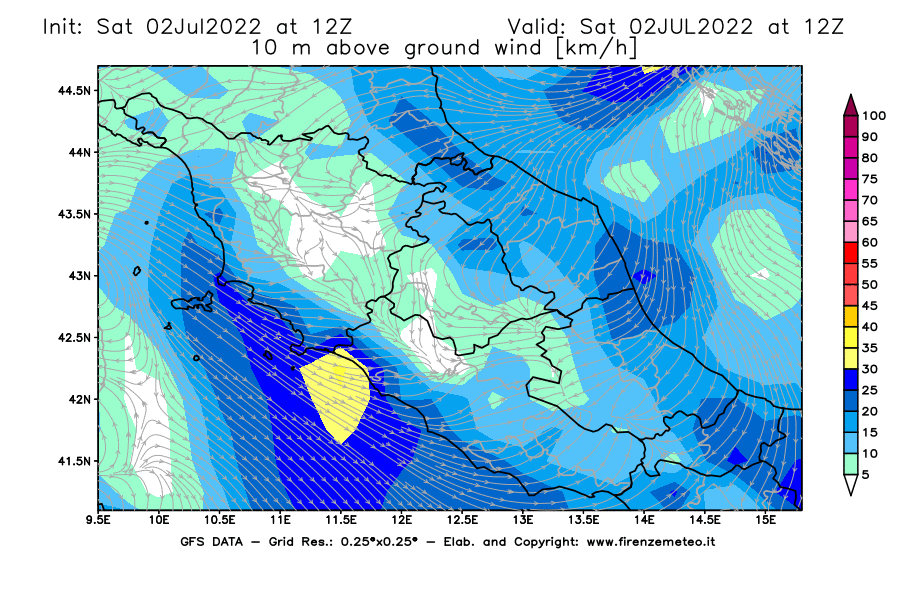 GFS analysi map - Wind Speed at 10 m above ground [km/h] in Central Italy
									on 02/07/2022 12 <!--googleoff: index-->UTC<!--googleon: index-->