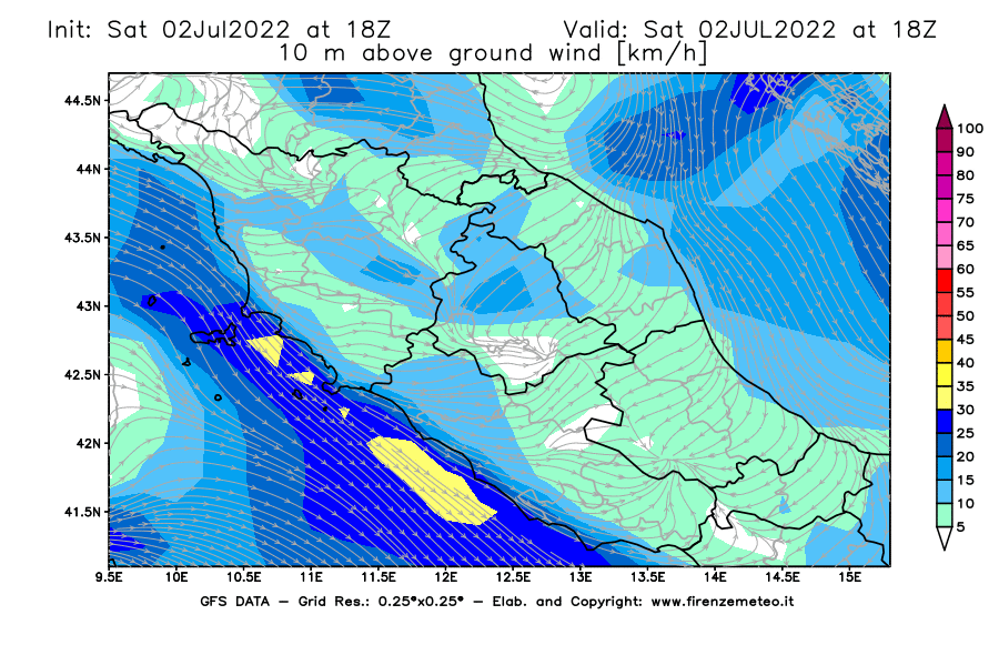 GFS analysi map - Wind Speed at 10 m above ground [km/h] in Central Italy
									on 02/07/2022 18 <!--googleoff: index-->UTC<!--googleon: index-->