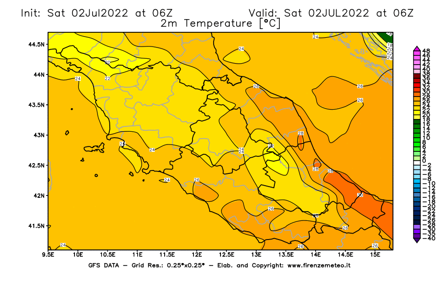 GFS analysi map - Temperature at 2 m above ground [°C] in Central Italy
									on 02/07/2022 06 <!--googleoff: index-->UTC<!--googleon: index-->