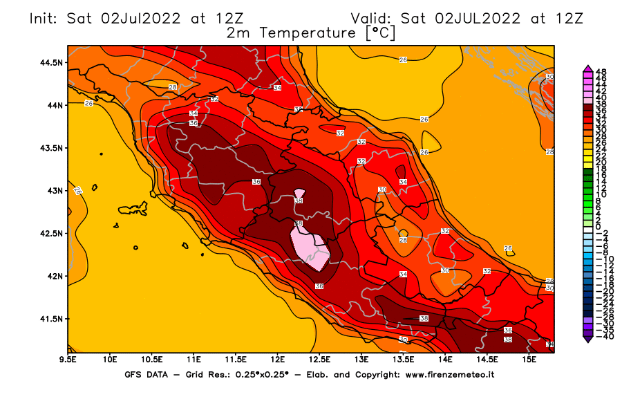 GFS analysi map - Temperature at 2 m above ground [°C] in Central Italy
									on 02/07/2022 12 <!--googleoff: index-->UTC<!--googleon: index-->