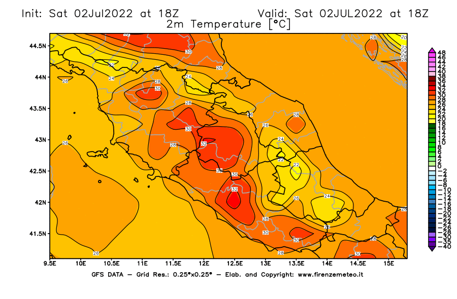 GFS analysi map - Temperature at 2 m above ground [°C] in Central Italy
									on 02/07/2022 18 <!--googleoff: index-->UTC<!--googleon: index-->