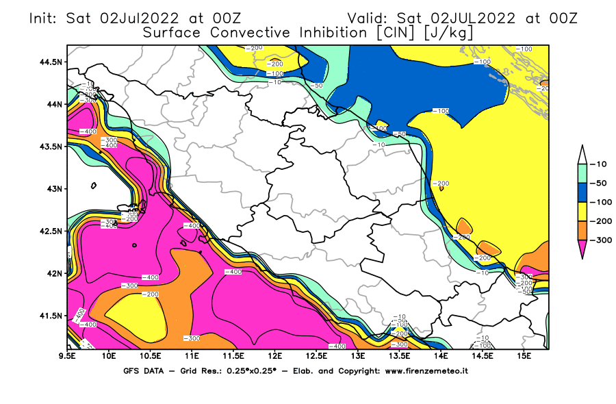 GFS analysi map - CIN [J/kg] in Central Italy
									on 02/07/2022 00 <!--googleoff: index-->UTC<!--googleon: index-->